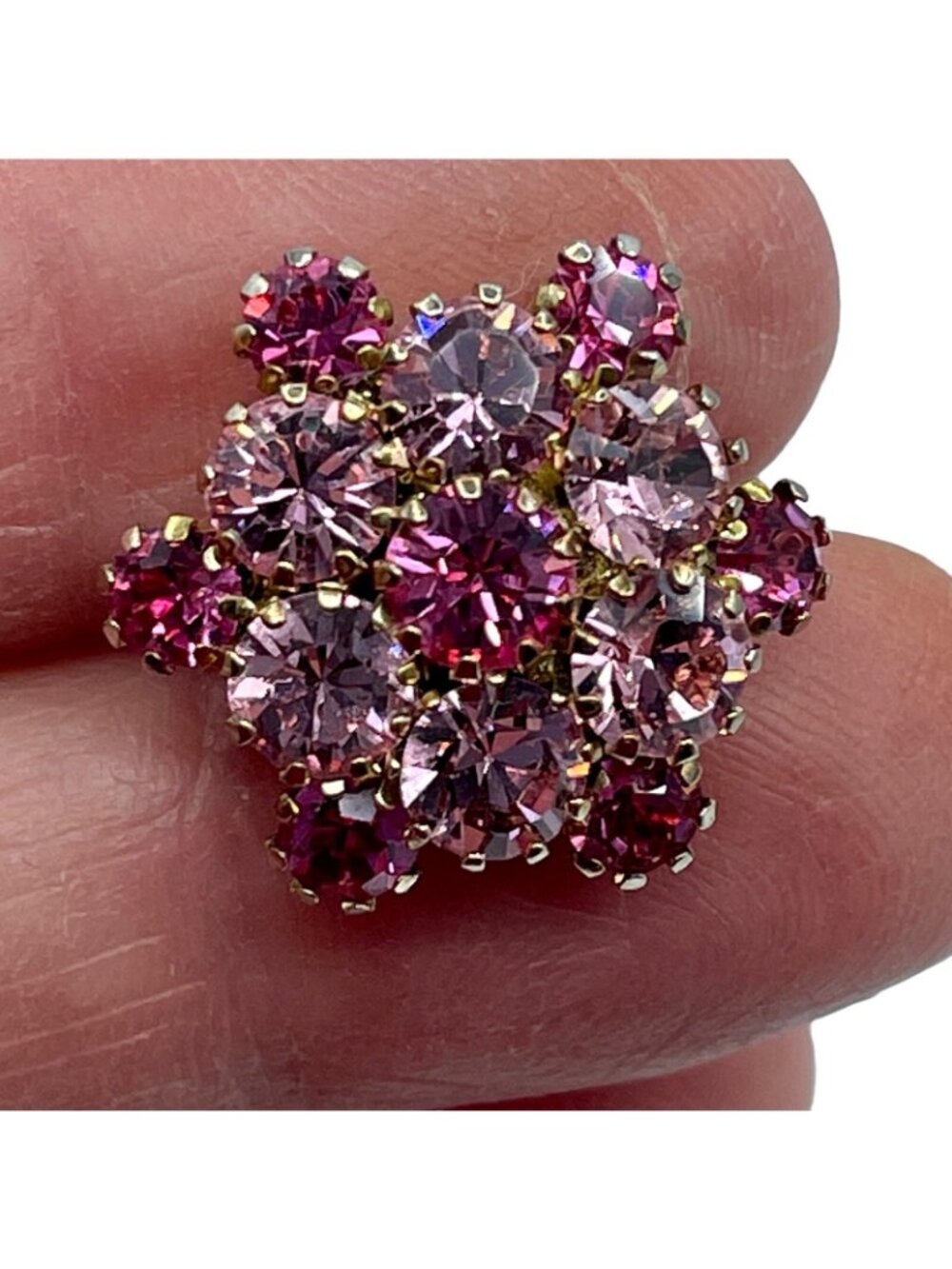 Pink Rhinestone Earrings Two Toned Prong Set Cluster Vintage Clip On Gold Tone - Picture 16 of 16